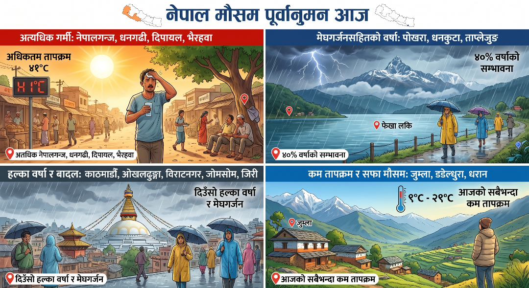 तराईमा अत्यधिक गर्मी, पहाडी क्षेत्रमा वर्षाको सम्भावना
